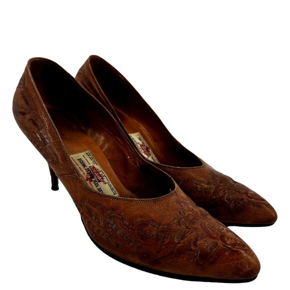 VTG The New Mickey Mouse Jimenez Bros Pump Heels Stiletto Tooled Leather 7.5